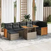 7 Piece Garden Sofa Set with Cushions Grey Poly Rattan Acacia Patio Bar Sets