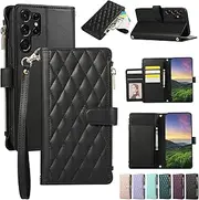 [ELEPIK] for Samsung Galaxy S22 Ultra Case, Adjustable Crossbody Wallet Case with Card Holder, Kickstand, Wristlet for Women Men, Durable PU Leather Magnetic Phone Case for Galaxy S22 Ultra, Black