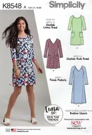 Simplicity 8548 LEARN TO SEW Knit Dresses w Raglan Sleeves, Pockets Sz 10-22 UC