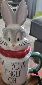 Rae Dunn New Christmas "Get Your Jingle On" Looney Tunes Bugs Bunny Topper Mug