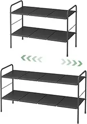 2-Tier Expandable Shoe Rack, Adjustable Shoe Shelf Storage Organizer, Metal Free Standing Shoe Rack for Entryway Closet Doorway,Black