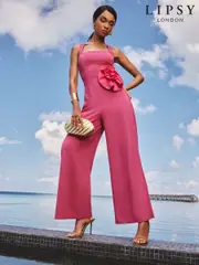 Lipsy Pink Halter Neck Floral Print Corsage Jumpsuit (F78552) | $161