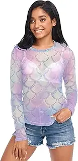 [RPLIFE] Mermaid Scales Pastel Mesh Top Women, Sheer Sleeve Top S-XXL