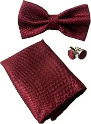 [Zasel] Mens Maroon Checkered Matching Bow Tie, Pocket Square & Cuff Links Set