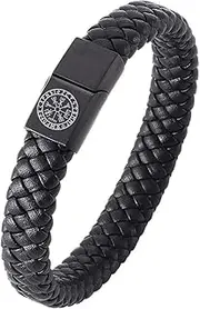 ForeverWill Stainless Steel Wrap Leather Viking Compass Bracelet with Clasp,Men Women Runic Nordic Vegvisir Symbol Bracelet Norse Amulet Jewelry,Black