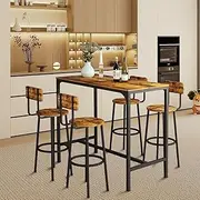 5PCS Bar Table Set 4 Stools Chairs Industrial Kitchen Dining Table Breakfast Home Bistro Cafe Coffee Pub Counter Tall High Top Furniture Rustic Wooden Metal