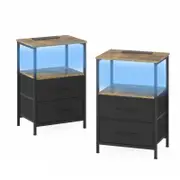 Advwin LED Bedside Table Set of 2 with Charging Station 2 Fabric Drawers Nightstand Black Drawer & Brown Top