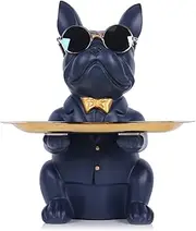 QIANLING Modern Decor Resin Navy Blue Bulldog Statue Tray - Storage Key Holder, Candy, Jewelry, Earrings - Suitable for Home, Dining Table, Office - Modern Art Small Object Tray
