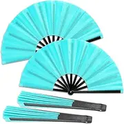 Qyeahkj 2 Pcs Glitter Green Hand Fan Large Folding Hand Fan Rave Clack Handheld Fans Chinese Tai Chi Kung Fu Fans for EDM Club Party Dance Performance Role Playing Concerts Supplies for Men Women