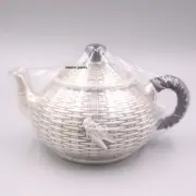 Pure S999 Fine Silver Teapot Healthy Carved Cicada Braided Water Tea Pot 5.1in L