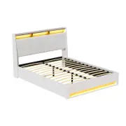 Bed Frame Gas Lift LED Beds Base Platform White PVC Leather Storage Headboard - Double