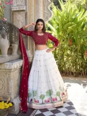 Fancy White Georgette Semi Stitched Lehenga Choli For Women, Sequins Embroidered