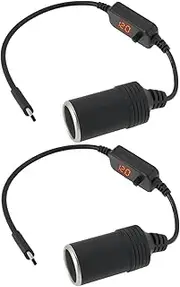 EMSea 2pcs USB C Male to Cigarette Lighter Socket Converter Cable 30cm 5V to 20V Adjustable Converter with Voltmeter Display for GPS Dash Cam