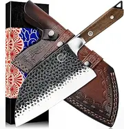 [Full Tang]Butcher Knife Handmade Forged Kitchen Chef Knife Grandsharp Pro Razor Sharp Serbian Clad Steel Meat Vegetable Chopping Cutting Cleaver with Leather Knife Sheath