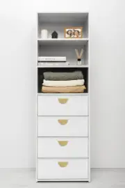 Geneva 3 Shelf 4 Drawer Built In Wardrobe - White - Slim - Half Moon Brass