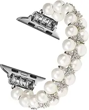 [Fleshy Leaf] Pearl Bracelet Compatible with Apple Watch Band 38/40/41mm 42/44/45mm iWatch Series 7/6/5/4/3/2/1, Artificial Elastic Stretch Bling Diamond Jewelry Wristband Replacement Strap for Women