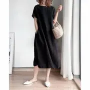 Short-Sleeve Round Neck Plain Midi A-Line Dress Black - 4XL