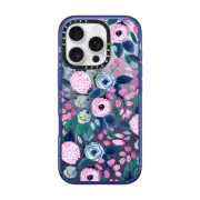 iPhone 16 Pro Impact Case MagSafe Compatible Girly Pink Navy Blue Watercolor Flowers Roses Leaves Pattern Clear