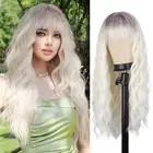 Ombre Platinum Blonde Wig with Bangs, Long Platinum Blonde Wigs for Women,Syn...
