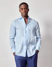 Hawes & Curtis Light Blue Pure Linen Slim Shirt | One Piece Collar | Full Cutaway Size: Small