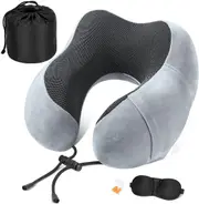 Travel Pillow Memory Foam Neck Pillow Airplane Travel Kit with 3D Sleep Mask Earplugs, Lightgrey
