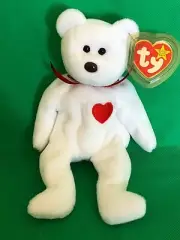 TY Beanie Baby "Valentino" white bear w/ tag & errors, 1994, RARE P.V.C. PELLETS