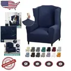1-Piece Stretch Wingback Chair Slipcover with Foam Rods - Navy Checkered Design