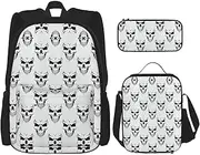 Halloween Themed Monochrome Skeleton Head Print School Backpack Adjustable Shoulder Straps,Lunch Bag Pencil Case 3-In-1 Set Bag, Black, One Size