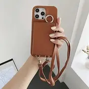 for iPhone 13 Pro Ring Holder Mirror Card Slot Case Crossbody Wallet Lanyard Leather Cover(for iPhone 13 Pro/Brown)