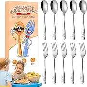 Kids Forks and Spoons - Children Flatware Set | Easy Grip Dinosaur Engraved Tableware, Stainless Steel 5 Forks and 5 Spoons for School Lunch Dining Home