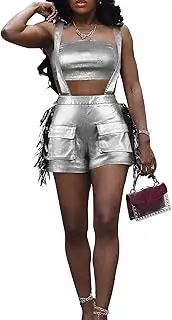[Cupitool] Womens Metallic 2 Piece Outfits Sleeveless Strapless Tube Top and High Waist Fringe Shorts Overall Romper Sets