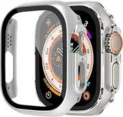 2 Pack Case and Screen Protector for Apple Watch Series Ultra2 Ultra 49mm,Hard PC Protective Bumper with Waterproof Tempered Glass Film for Apple Watch Ultra2 Ultra 49mm-Silver+Transparent