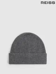 Reiss Mid Grey Melange Chaise Merino Wool Ribbed Beanie Hat (E45225) | $95