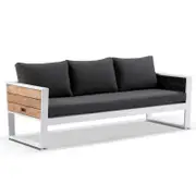 Corfu 3 Seater Outdoor Aluminium And Teak Timber Lounge With Sunbrella - White w/ Canvas Coal