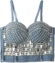 [Generic] Custom Denim Camisole Underwear with Lenses Beaded Women Corset Sexy Club Party Push Up Cropped Top Bra vest