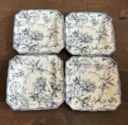 222 Fifth Set Of 4 Salad Plates ADELAIDE Blue &ivory Square BIRD Floral Toile