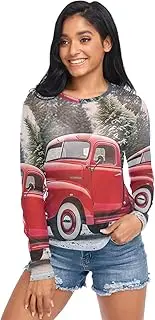 [RPLIFE] Old Red Truck Christmas Tree Net Tops for Women, Sheer Long Sleeve Tops for Women S-XXL