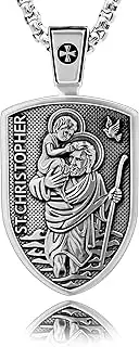 [VENICEBEE] Saint Christopher Protect Us Medal St. Christopher Protection Shield Christian Amulet Unique Solid 925 Sterling Silver Pendant Necklace + Velvet Pouch, Polishing Cloth, Fine Gift Box, One