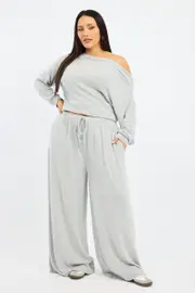 Grey Tie Waist Brushed Jersey Wide Leg Lounge Pants