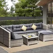 Livsip Outdoor Lounge Setting 7pc Outdoor Furniture Garden Patio Wicker Sofa Set Rattan Table and Chairs Grey