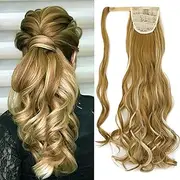 Gairyan 24 inch Clip in Ponytail Hair Extensions Long Curly Wave Wrap Around Ponytail Extensions Wavy Synthetic Hair pieces for Women (Dark Blonde & Bleach Blonde)