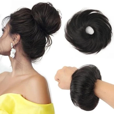 Human Hair Bun Extension #1B Natural Black Wavy Tousled Stretchy Fluffy NEW