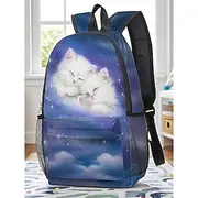 Girls' Cute Cat Print Backpack, Lightweight School Bag with Mesh Pockets and Large Capacity, Cartoon Kitten Design for Elementary Students and Daily Use Kayomi