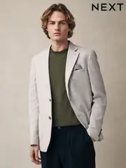 Light Grey Slim Fit Textured Linen Blend Blazer (E61768) | $162