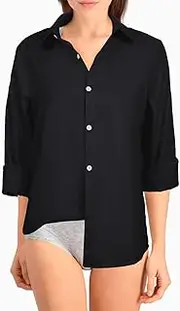 [Runmeihe] Women's Linen Blouses & Shirts, Casual Roll Up Long Sleeve V Neck Tops, Button Down Basic Loose T Shirts Office Work Tshirts