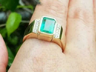 2.40CT Emerald Cut Simulated Green Emerald 925 Silver Gold Plated Men's Ring