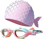 PORUPAEL Swimming Goggles and Swimming Cap Set, Children's Swimming Goggles Mermaid Silicone Swimming Cap, Waterproof Swimming Cap, Diving Goggles, Anti-Fog Swimming Goggles for Children 3-12 Years