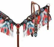 Showman Single Ear Beaded Cross Headstall and Breast Collar Set with Fringe!