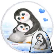 Cute Animal Art Drawings Penguins Mom and Baby Round Beach Towel