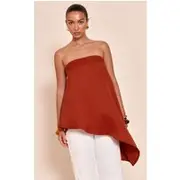 Burnt Orange Woven Bandeau Asymmetric Hem Floaty Long Top, Burnt Orange